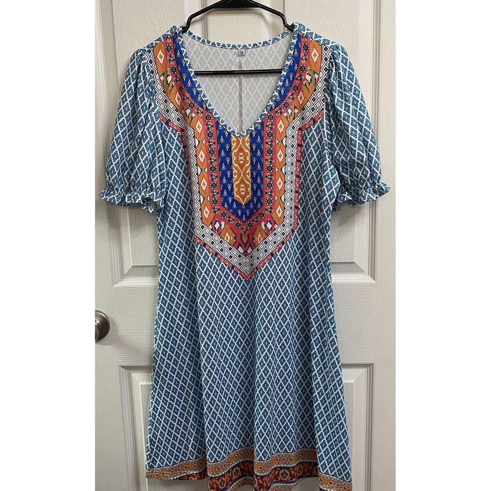 Women's Unbranded Exotic Urban Dress‎ Size M Blue/White/Coral. Stretch/Comfort